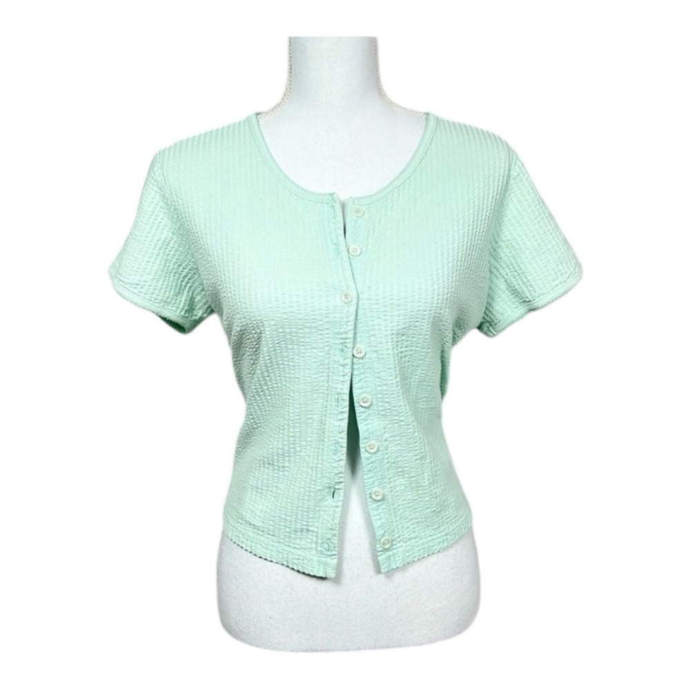 L.L. Bean Mint Green Crew Neck Textured Short Sleeve Button Down Tee Size Medium